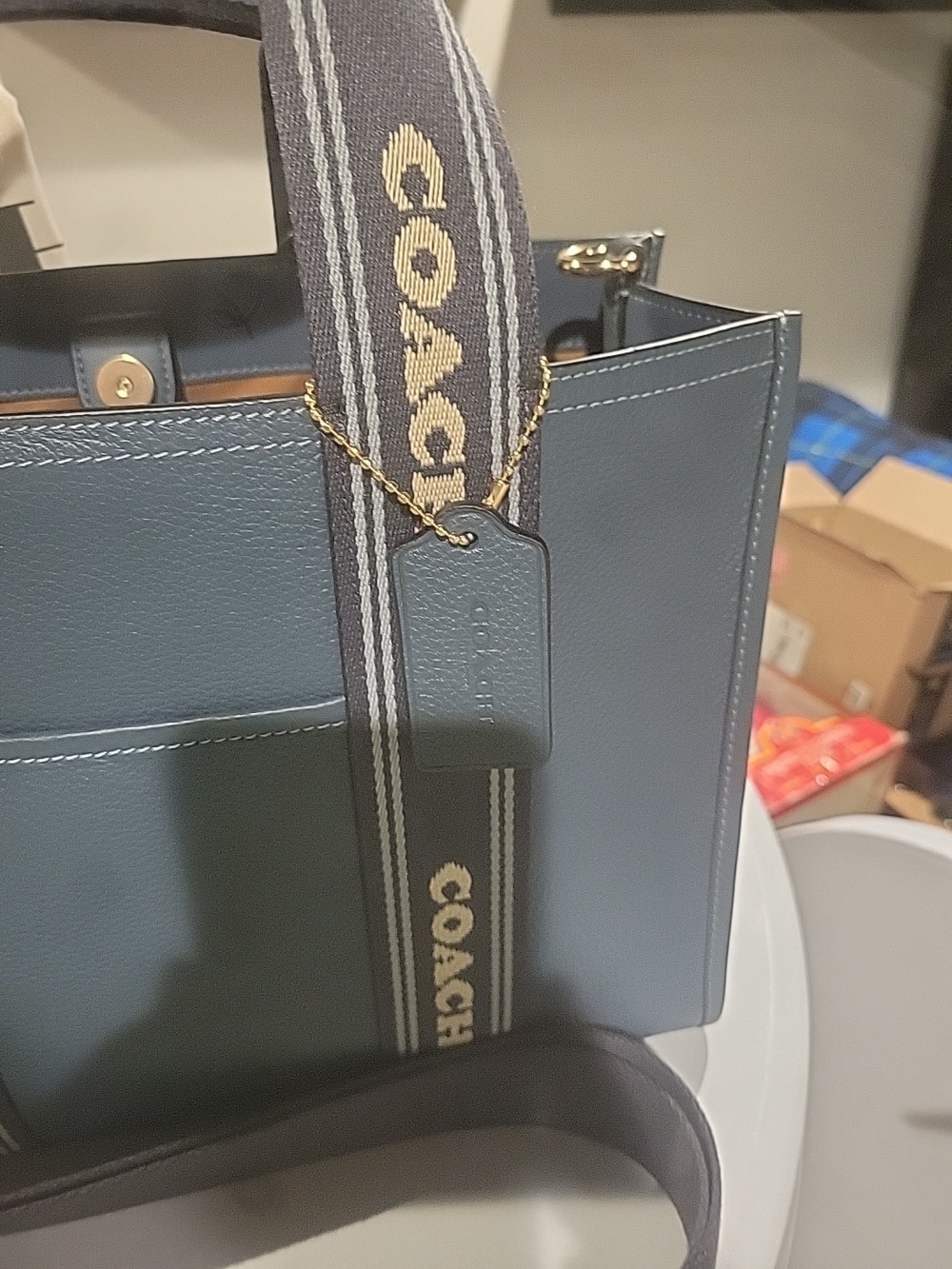 Coach Navy Logo Strap Leather Tote - Picture 5 of 16